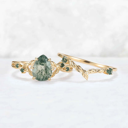 Nature Inspired Pear Cut Moss Agate Leafy Gemstone Ring 2pcs