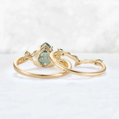 Nature Inspired Pear Cut Moss Agate Leafy Gemstone Ring 2pcs