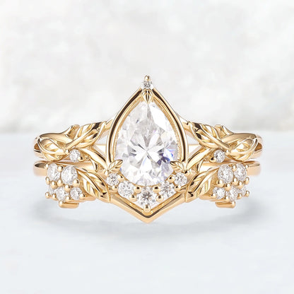 Nature Inspired Pear Cut Moissanite Leaves Gemstone Ring Set 2pcs