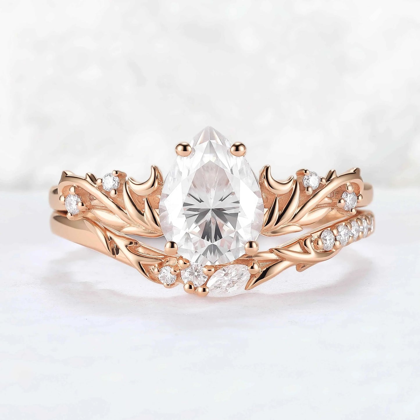 Nature Inspired Pear Cut Moissanite Tender Young Leaves and Moon Ring Set 2pcs
