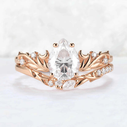 Nature Inspired Pear Cut Moissanite Tender Young Leaves and Moon Ring Set 2pcs