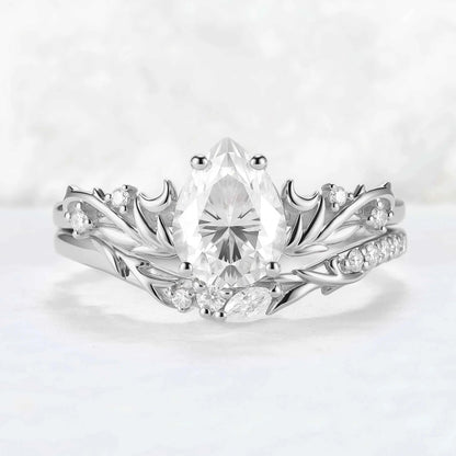 Nature Inspired Pear Cut Moissanite Tender Young Leaves and Moon Ring Set 2pcs