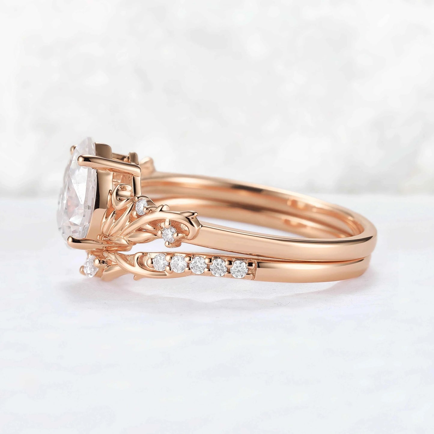 Nature Inspired Pear Cut Moissanite Tender Young Leaves and Moon Ring Set 2pcs