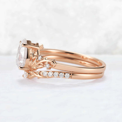 Nature Inspired Pear Cut Moissanite Tender Young Leaves and Moon Ring Set 2pcs