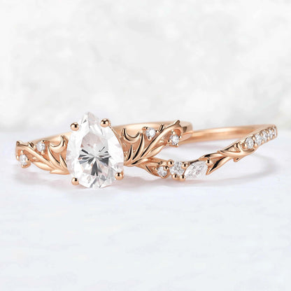 Nature Inspired Pear Cut Moissanite Tender Young Leaves and Moon Ring Set 2pcs