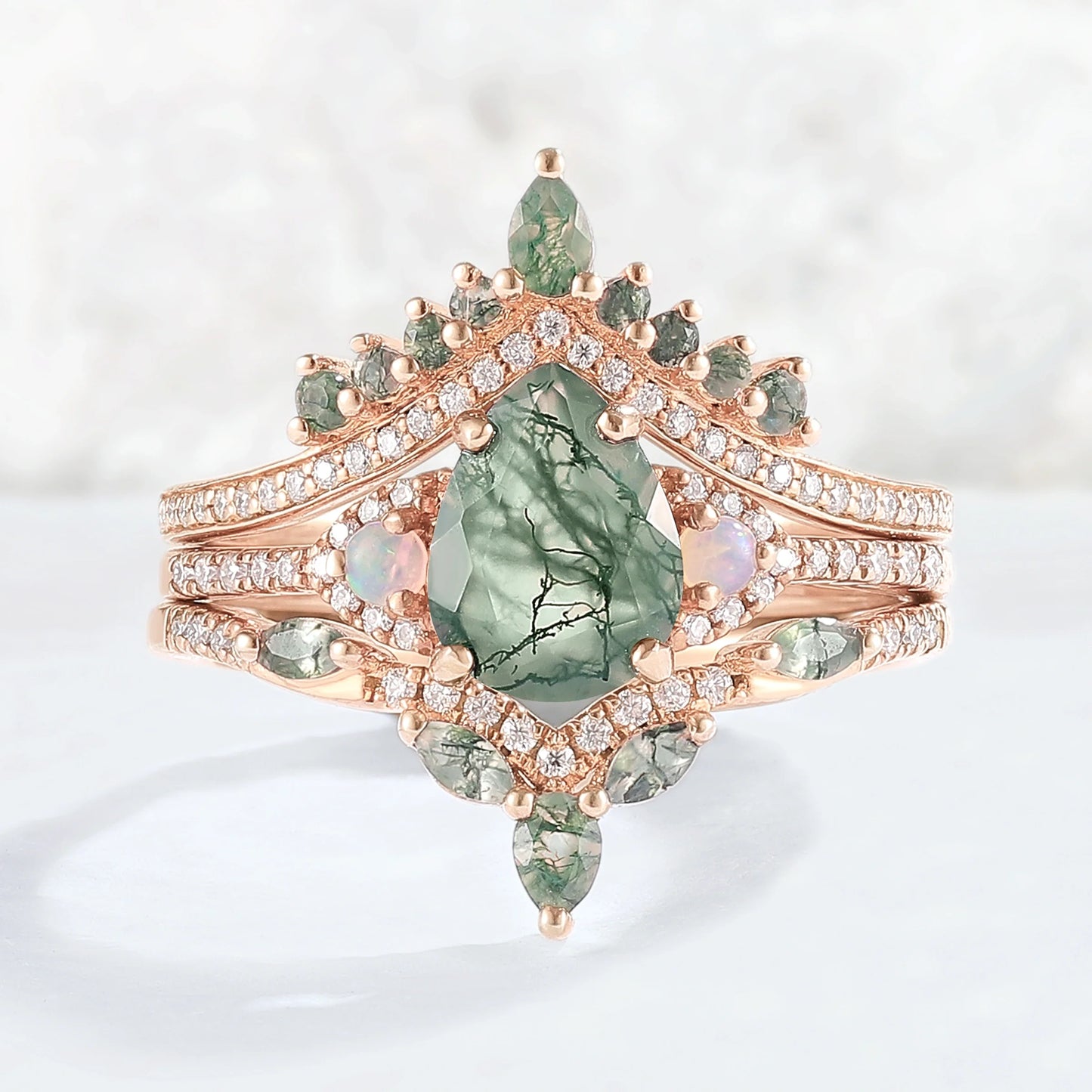 Nature Inspired Pear Cut Moss Agate Half Eternity Gemstone Ring Set 3pcs