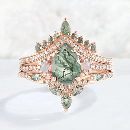 Nature Inspired Pear Cut Moss Agate Half Eternity Gemstone Ring Set 3pcs
