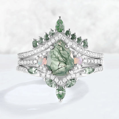 Nature Inspired Pear Cut Moss Agate Half Eternity Gemstone Ring Set 3pcs