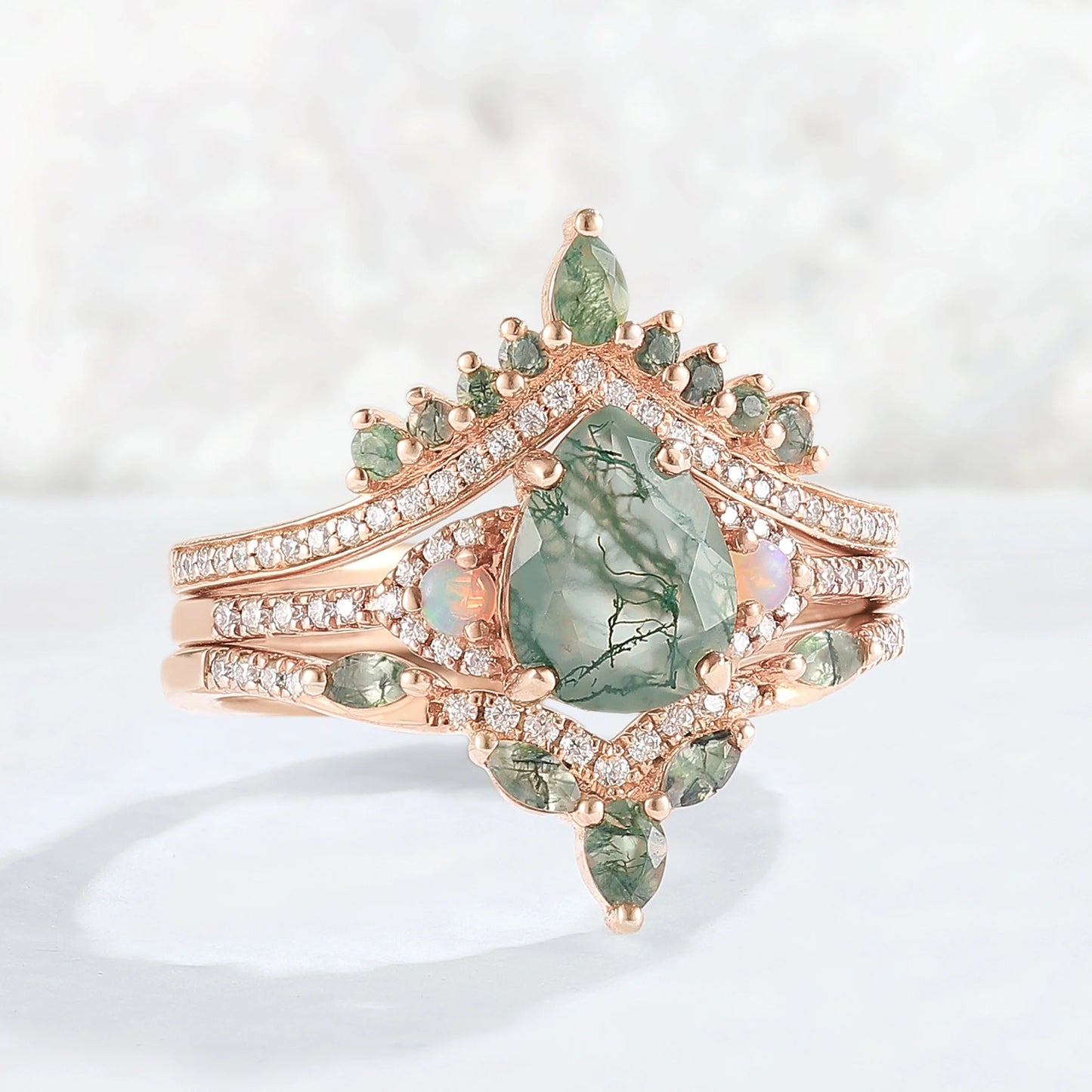 Nature Inspired Pear Cut Moss Agate Half Eternity Gemstone Ring Set 3pcs