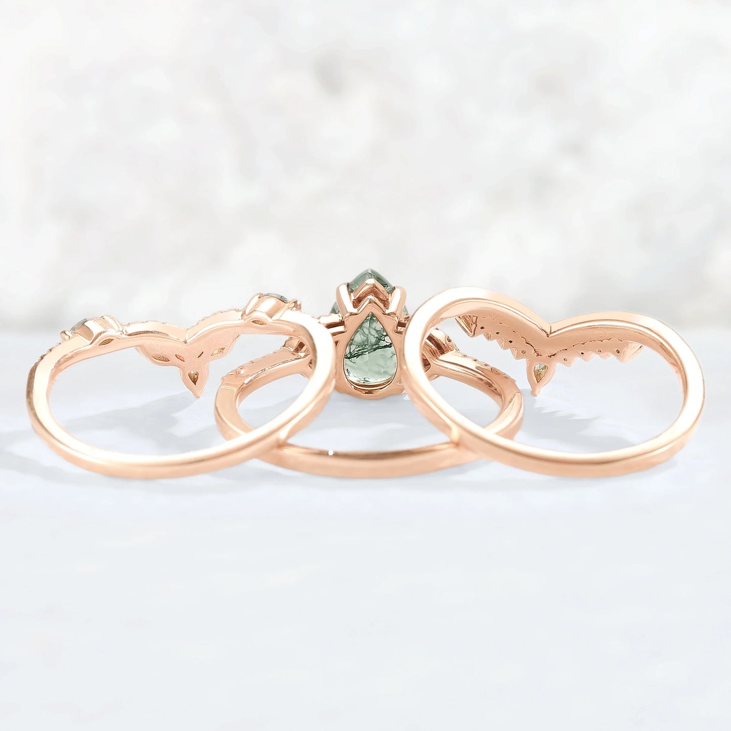 Nature Inspired Pear Cut Moss Agate Half Eternity Gemstone Ring Set 3pcs