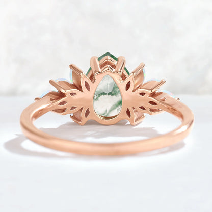 Nature Inspired Pear Cut Moss Agate Opal Petal Side Gemstone Ring