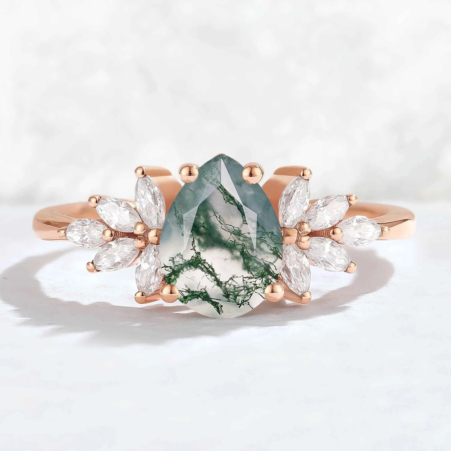 Nature Inspired Pear Cut Moss Agate Petal Side Gemstone Ring