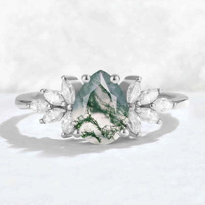 Nature Inspired Pear Cut Moss Agate Petal Side Gemstone Ring