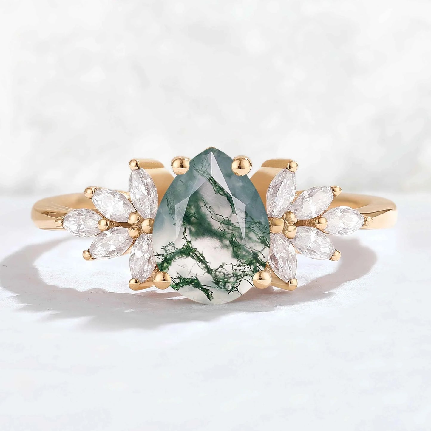 Nature Inspired Pear Cut Moss Agate Petal Side Gemstone Ring