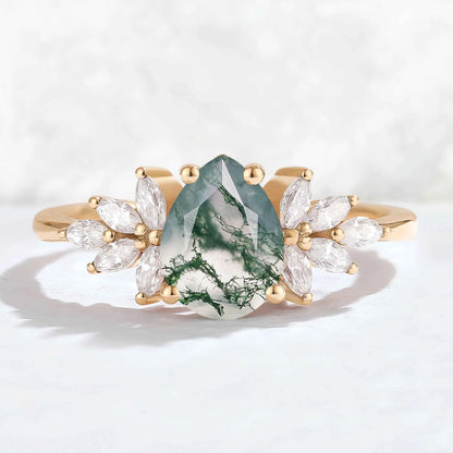 Nature Inspired Pear Cut Moss Agate Petal Side Gemstone Ring
