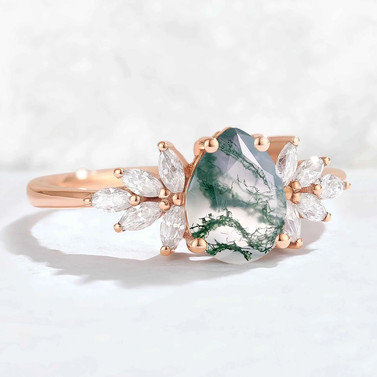 Nature Inspired Pear Cut Moss Agate Petal Side Gemstone Ring