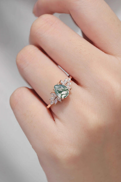 Nature Inspired Pear Cut Moss Agate Petal Side Gemstone Ring