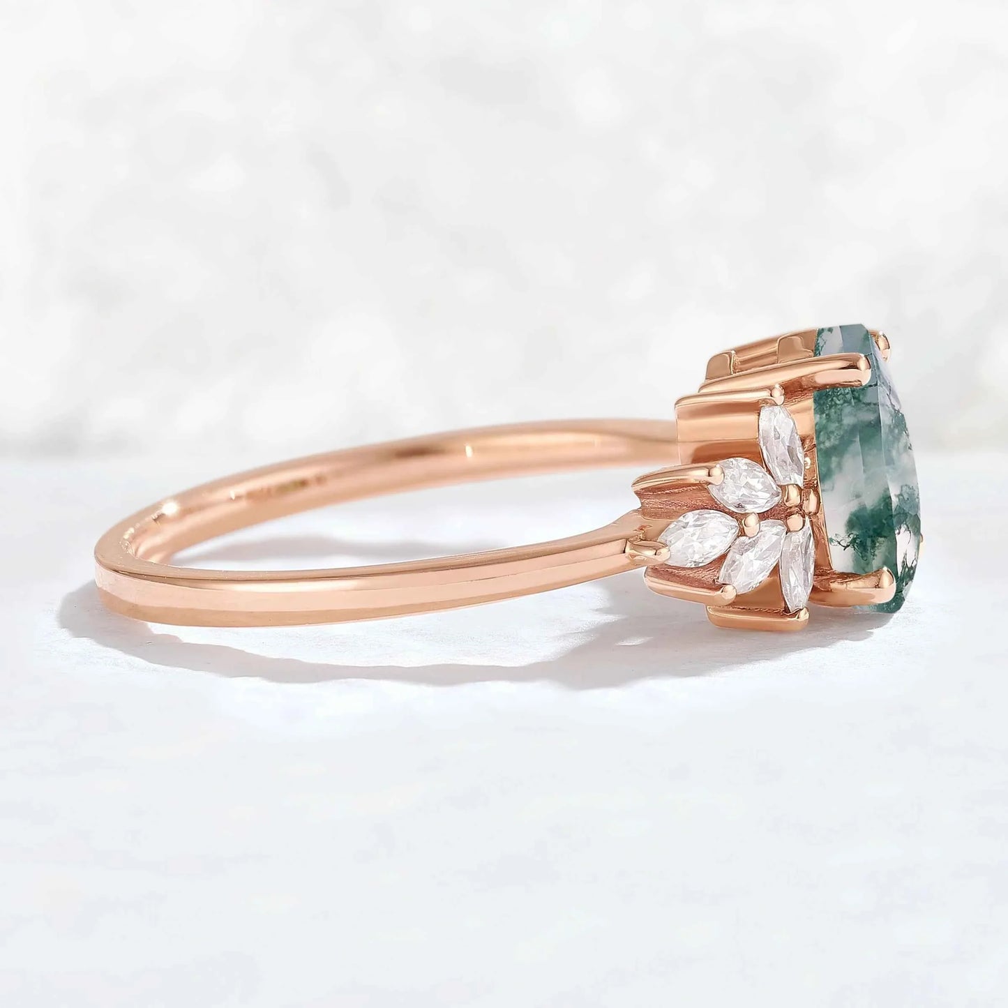 Nature Inspired Pear Cut Moss Agate Petal Side Gemstone Ring
