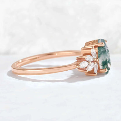 Nature Inspired Pear Cut Moss Agate Petal Side Gemstone Ring