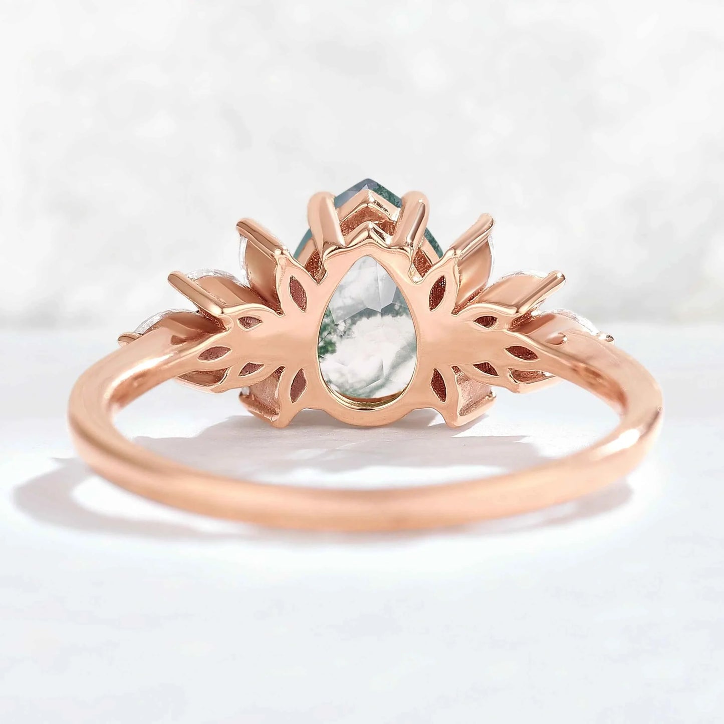 Nature Inspired Pear Cut Moss Agate Petal Side Gemstone Ring
