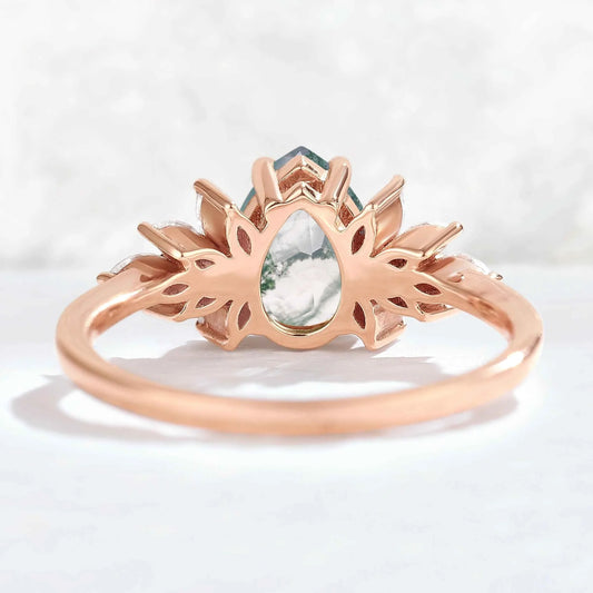 Nature Inspired Pear Cut Moss Agate Petal Side Gemstone Ring