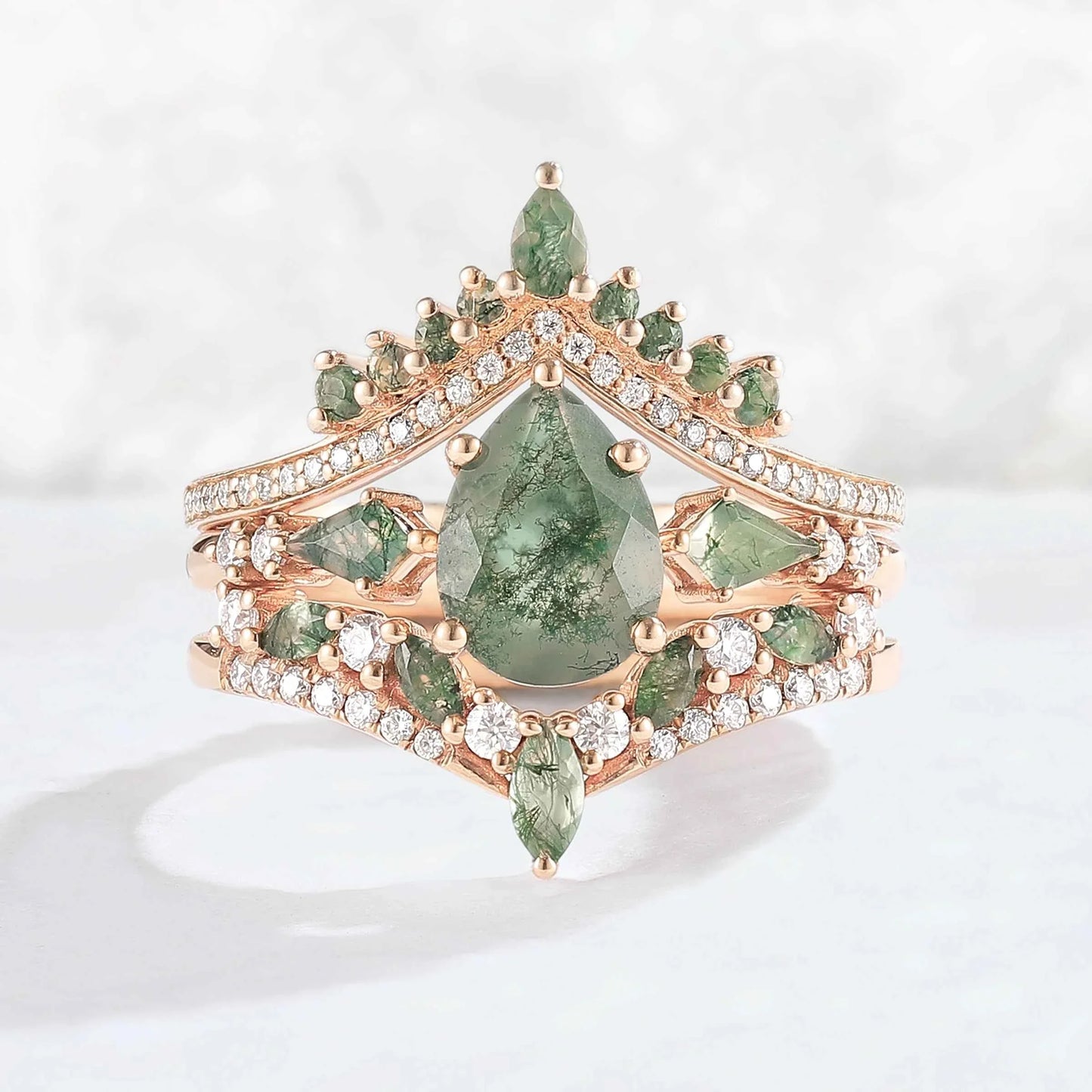 Nature Inspired Pear Cut Moss Agate Tree Shaped Gemstone Ring Set 3pcs