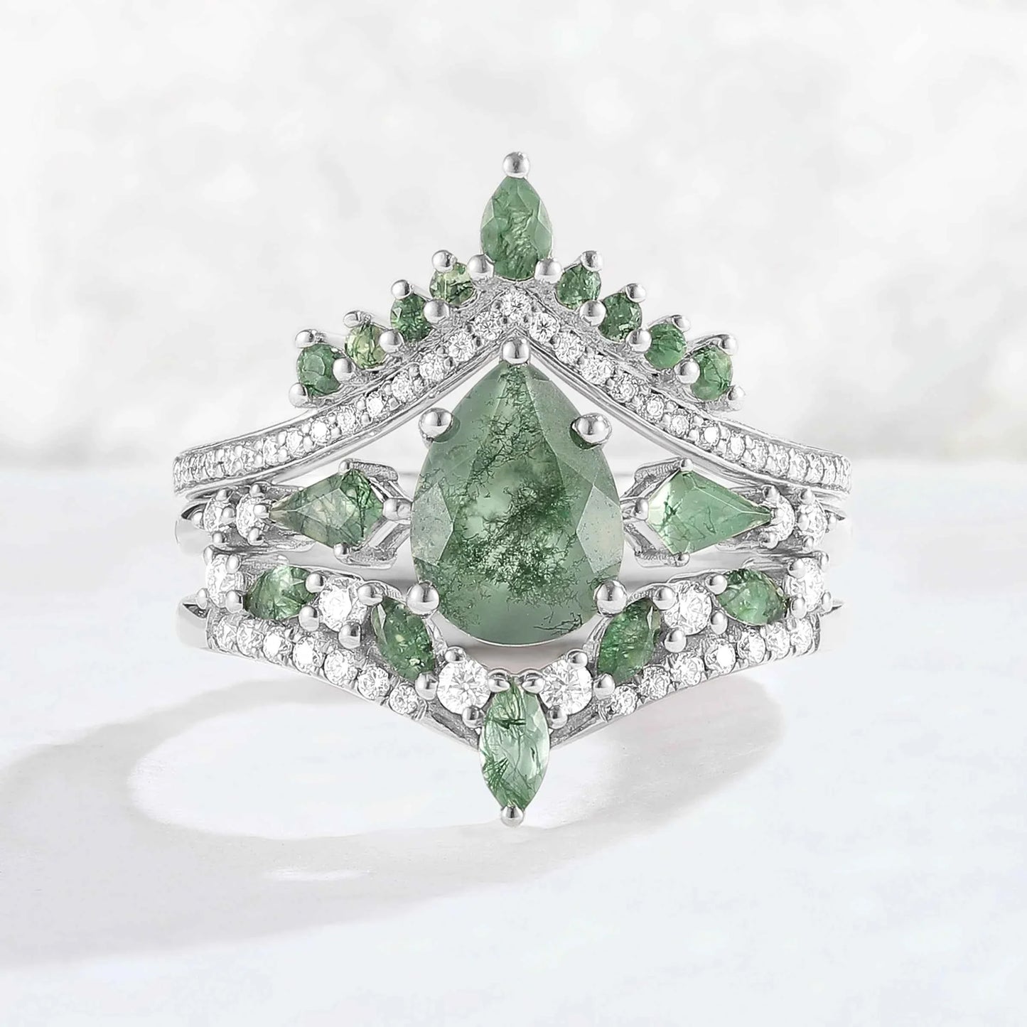 Nature Inspired Pear Cut Moss Agate Tree Shaped Gemstone Ring Set 3pcs
