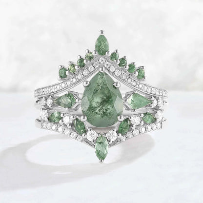 Nature Inspired Pear Cut Moss Agate Tree Shaped Gemstone Ring Set 3pcs
