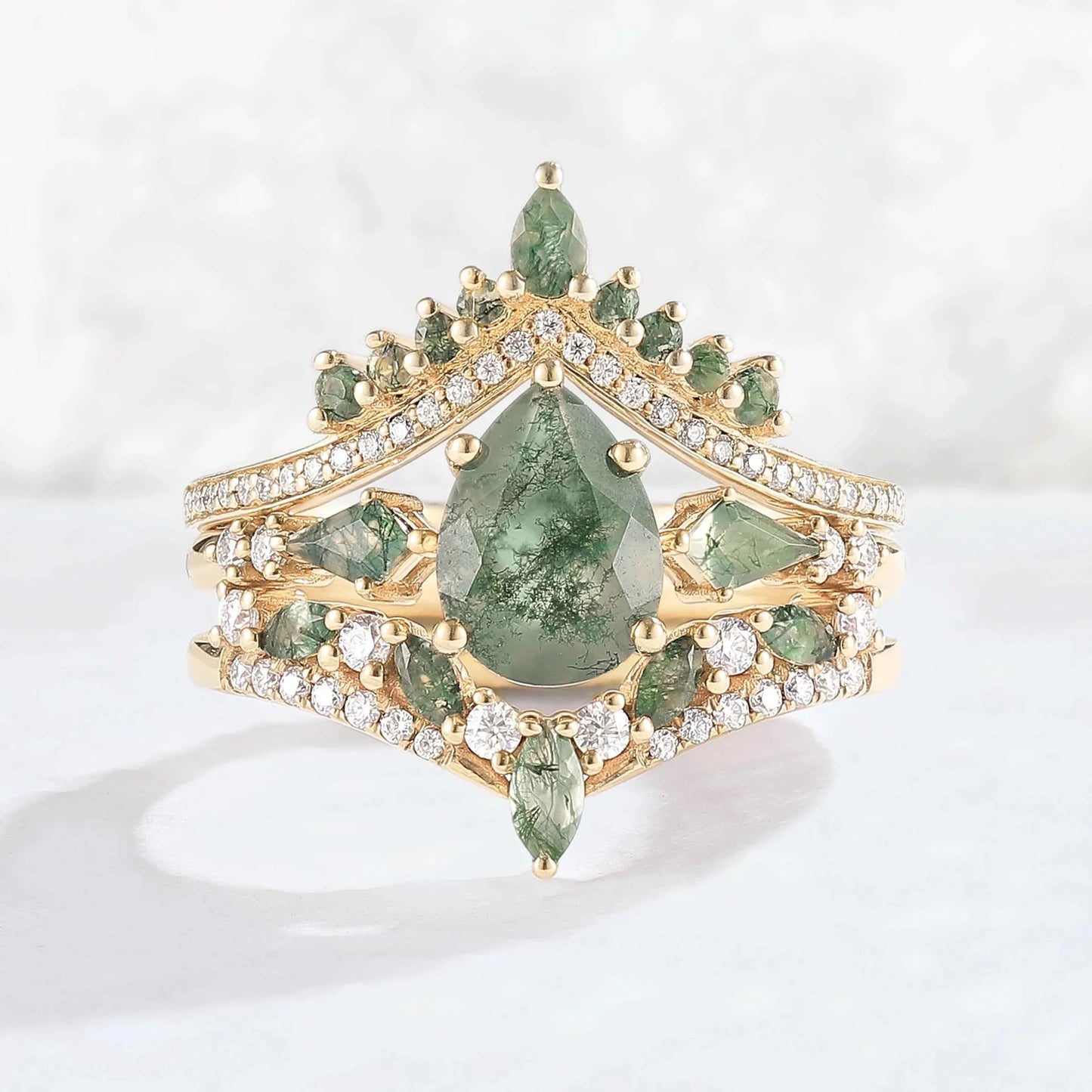 Nature Inspired Pear Cut Moss Agate Tree Shaped Gemstone Ring Set 3pcs
