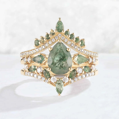 Nature Inspired Pear Cut Moss Agate Tree Shaped Gemstone Ring Set 3pcs