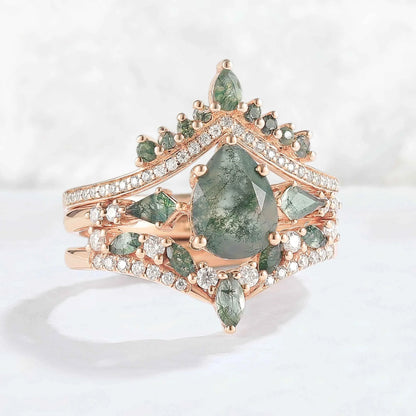 Nature Inspired Pear Cut Moss Agate Tree Shaped Gemstone Ring Set 3pcs