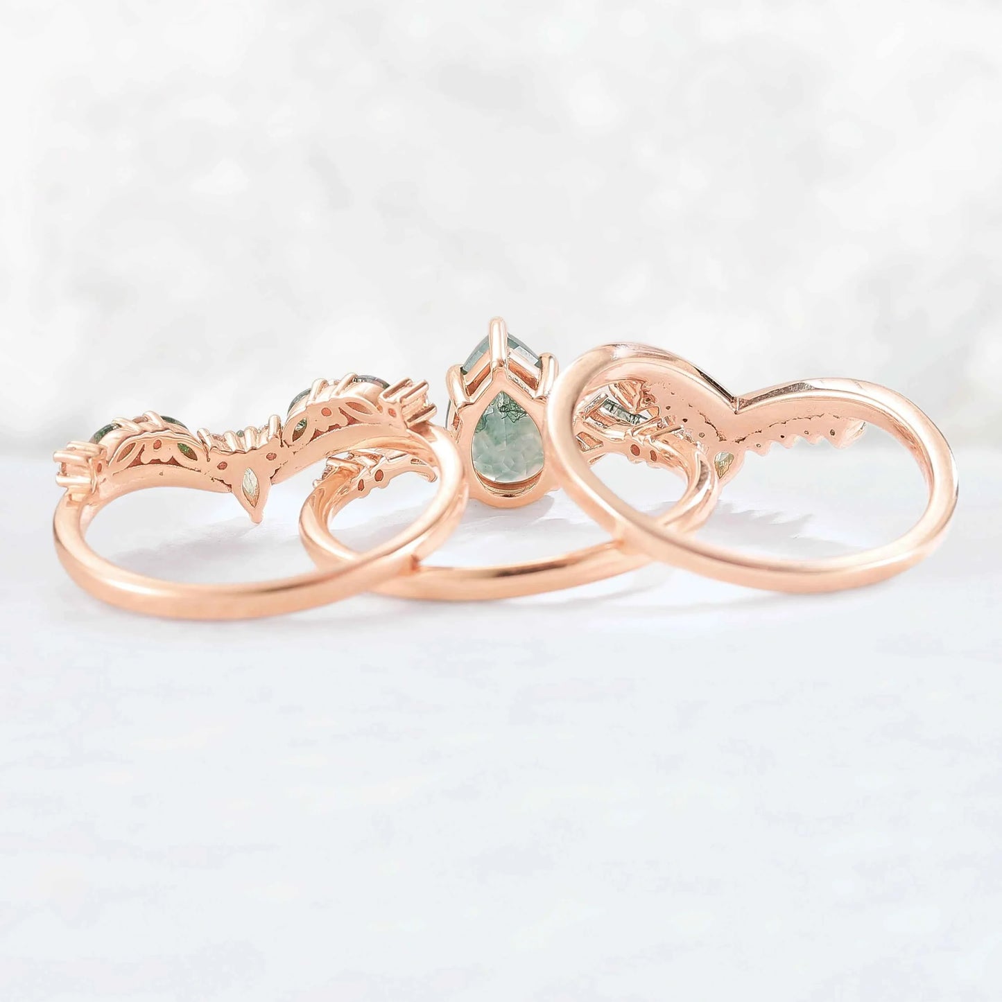 Nature Inspired Pear Cut Moss Agate Tree Shaped Gemstone Ring Set 3pcs