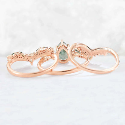 Nature Inspired Pear Cut Moss Agate Tree Shaped Gemstone Ring Set 3pcs