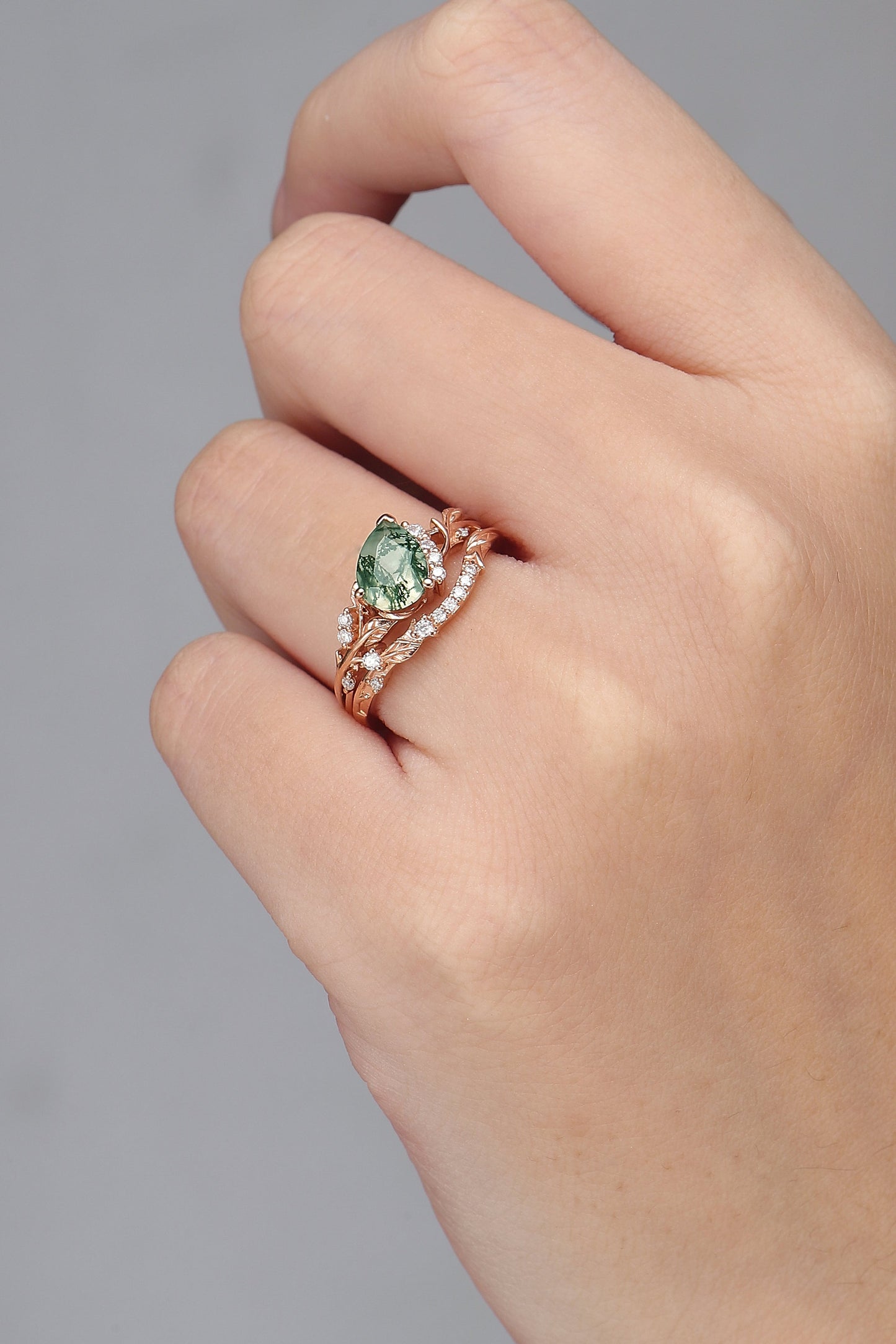 Nature Inspired Pear Cut Moss Agate and Moissanite Engagement Ring Set 2pcs