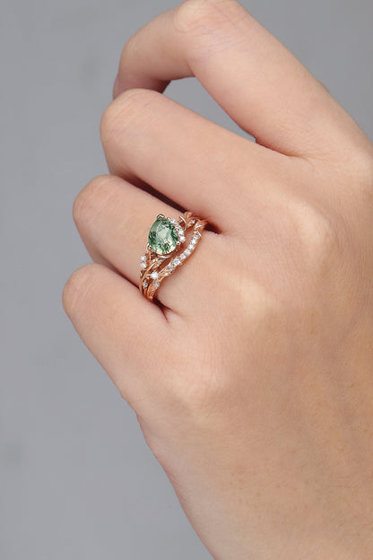 Nature Inspired Pear Cut Moss Agate and Moissanite Engagement Ring Set 2pcs