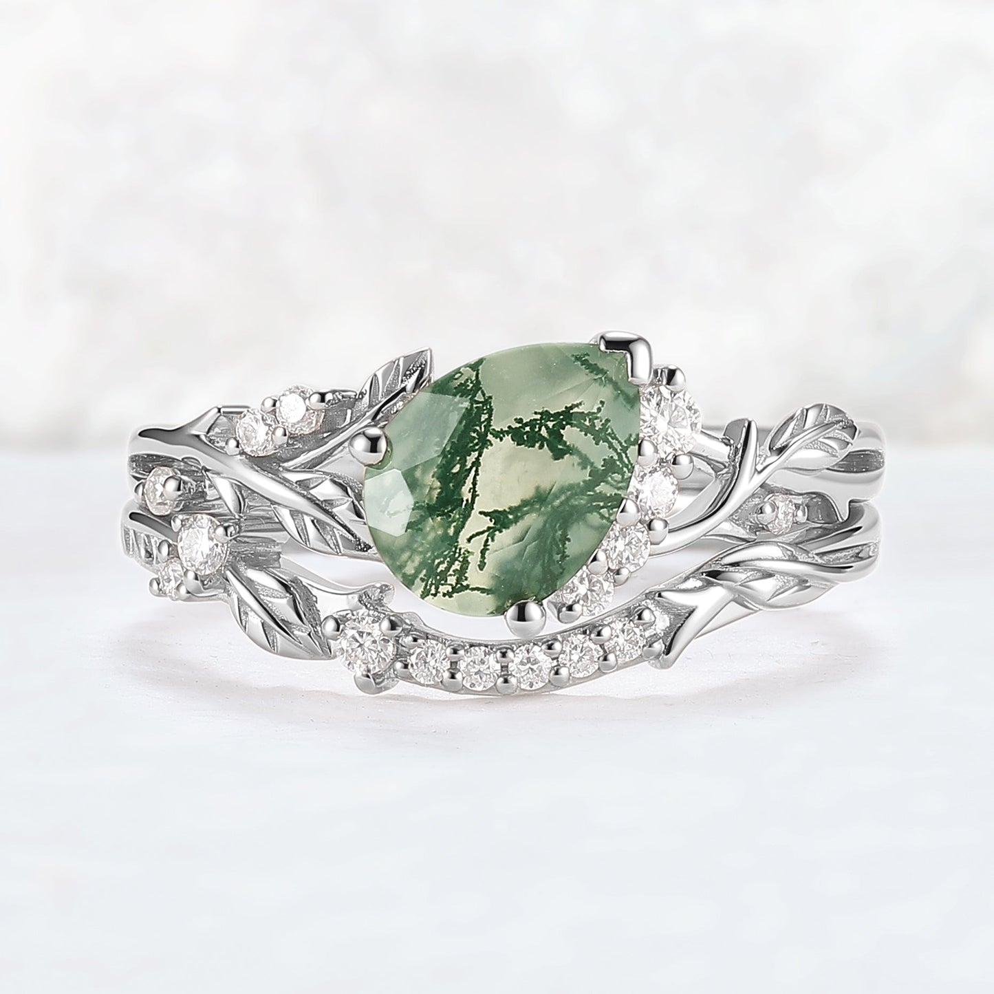 Nature Inspired Pear Cut Moss Agate and Moissanite Engagement Ring Set 2pcs