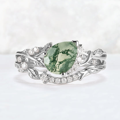 Nature Inspired Pear Cut Moss Agate and Moissanite Engagement Ring Set 2pcs