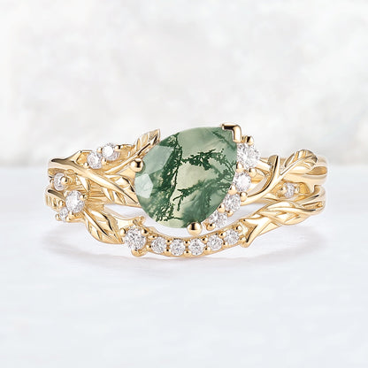 Nature Inspired Pear Cut Moss Agate and Moissanite Engagement Ring Set 2pcs