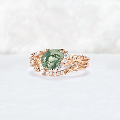 Nature Inspired Pear Cut Moss Agate and Moissanite Engagement Ring Set 2pcs