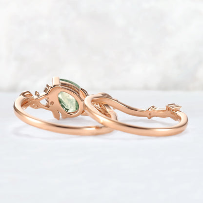 Nature Inspired Pear Cut Moss Agate and Moissanite Engagement Ring Set 2pcs