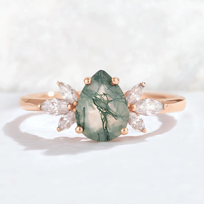 Nature Inspired Pear Cut Moss Agate with Petal Side Gemstone Ring