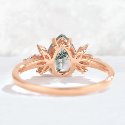 Nature Inspired Pear Cut Moss Agate with Petal Side Gemstone Ring