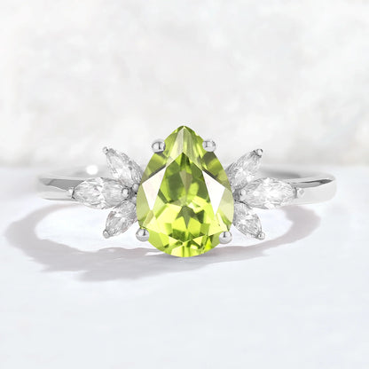 Nature Inspired Pear Cut Peridot with Petal Side Gemstone Ring