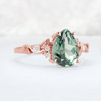 Nature Inspired Pear Cut Sapphire Leaf Gold Gemstone Ring