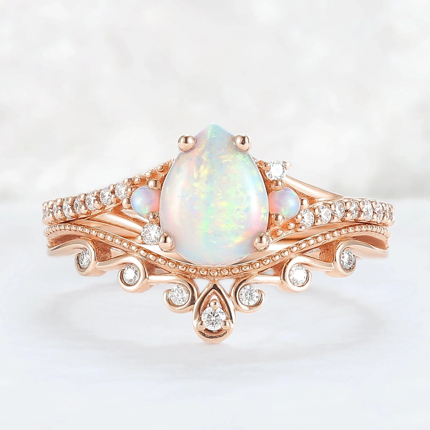 Nature Inspired Pear Shaped Opal Gemstone Ring Set