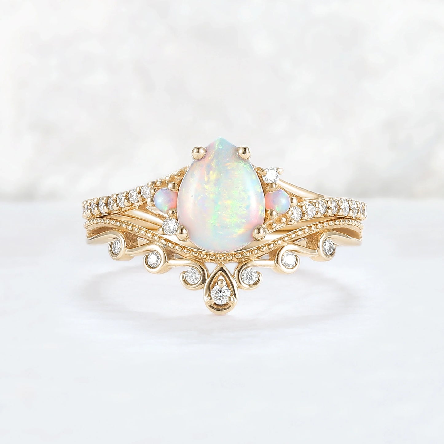 Nature Inspired Pear Shaped Opal Gemstone Ring Set