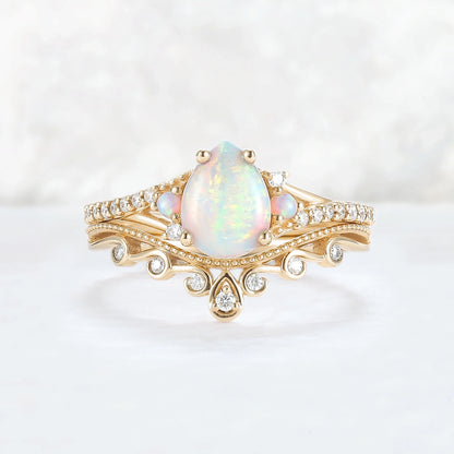 Nature Inspired Pear Shaped Opal Gemstone Ring Set