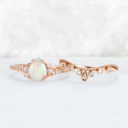 Nature Inspired Pear Shaped Opal Gemstone Ring Set