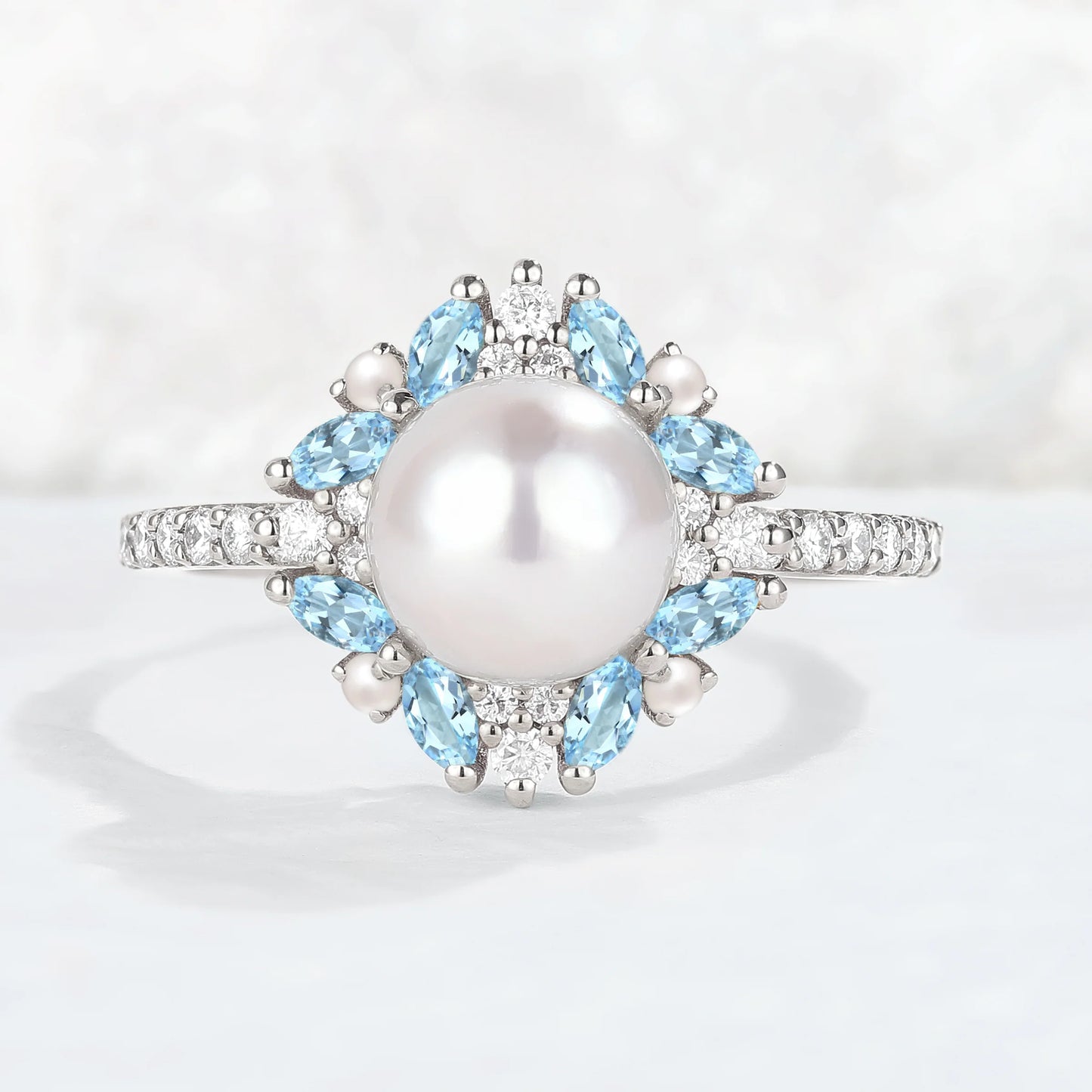 Nature Inspired Pearl and Aquamarine Half Enternityn Gemstone Ring