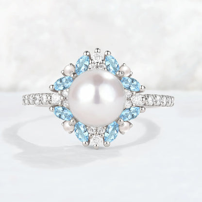 Nature Inspired Pearl and Aquamarine Half Enternityn Gemstone Ring